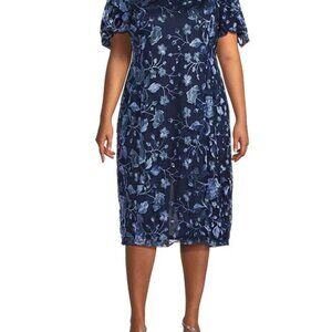 Marina Plus Size Flower Embroidered Square Neck Puff Short Sleeve Midi Dress